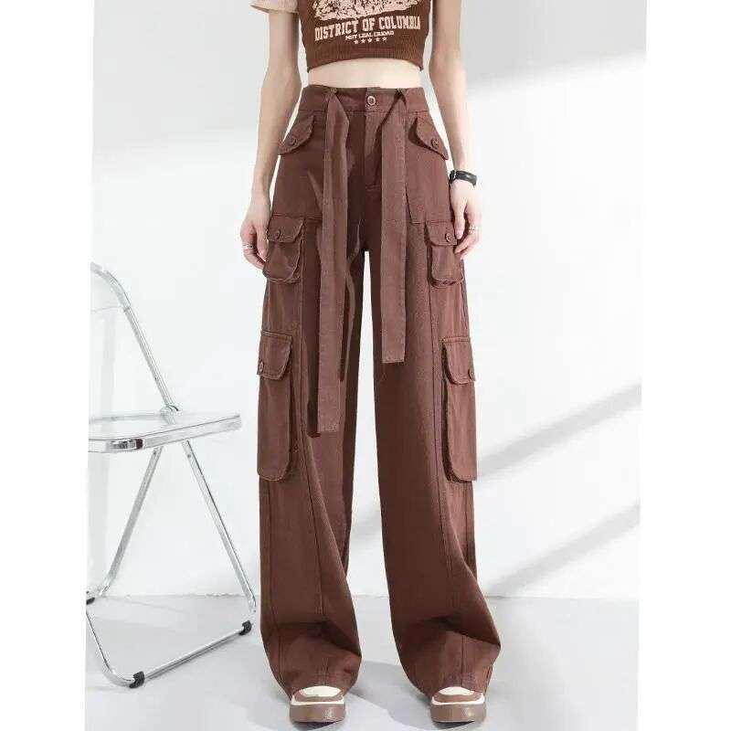 Spicy Girl Retro High-Waisted Pink Cargo Jeans with Multi-Pockets Small