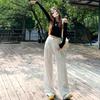 Women's Spring/Summer White High-Waisted Straight Leg Jeans with Pleated Design Loose Wide-Leg Floor-Length Trousers