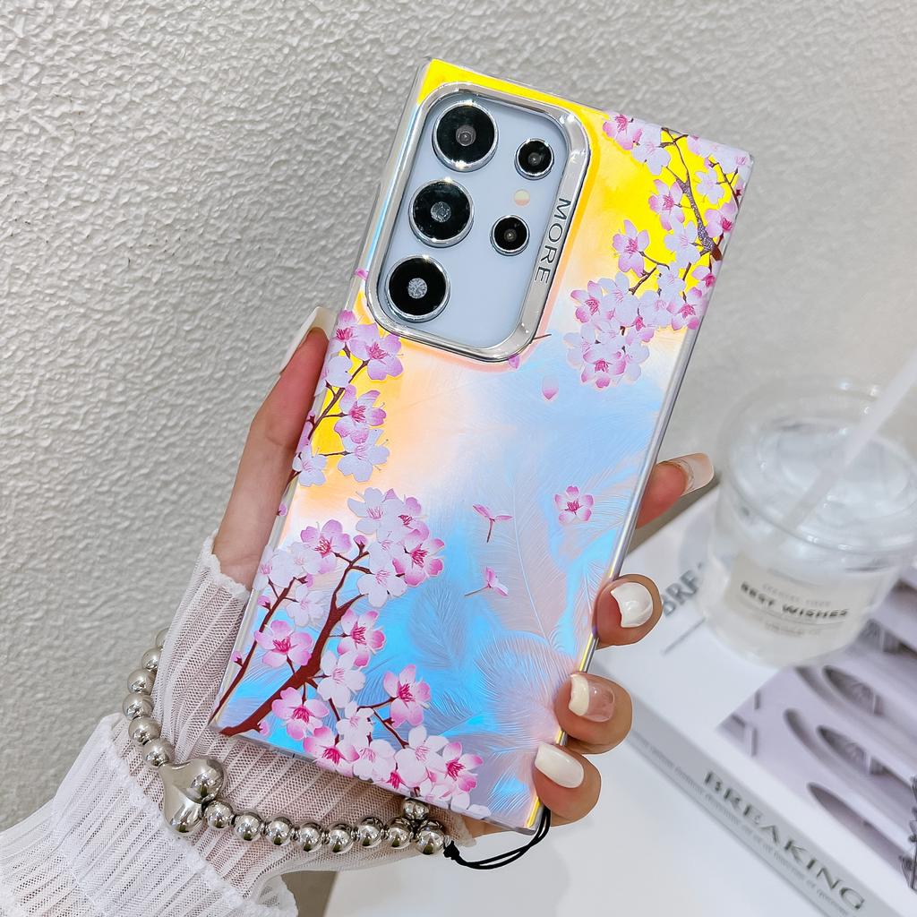 For Samsung Galaxy S24 Ultra Case TPU+PC Flower Pattern Laser Texture Phone Cover with Beaded Bracelet