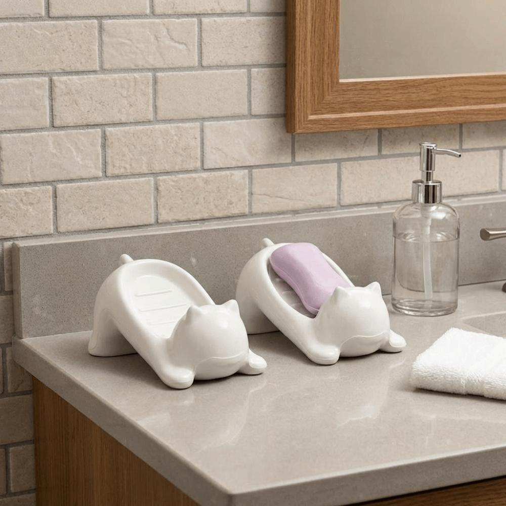 Self Draining Plastic Soap Dish Cat Shaped Bathroom Soap Holder Soap Sponge Tray  Household