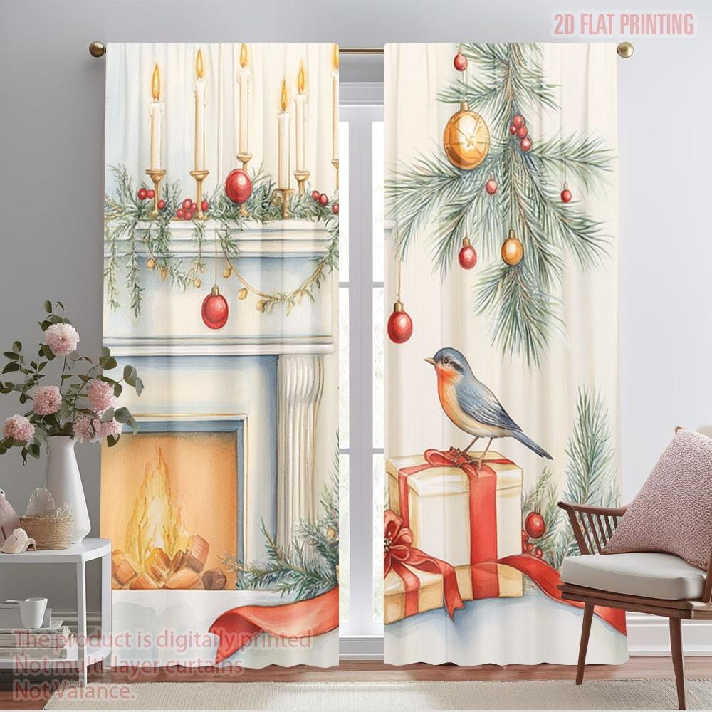 

2pcs,2D plane printing Print Curtains Christmas Bird Candle Ornament Fireplace Polyester Woven (without rod) All Seasons Ldeal 52.50×116.00 CM 2pcs