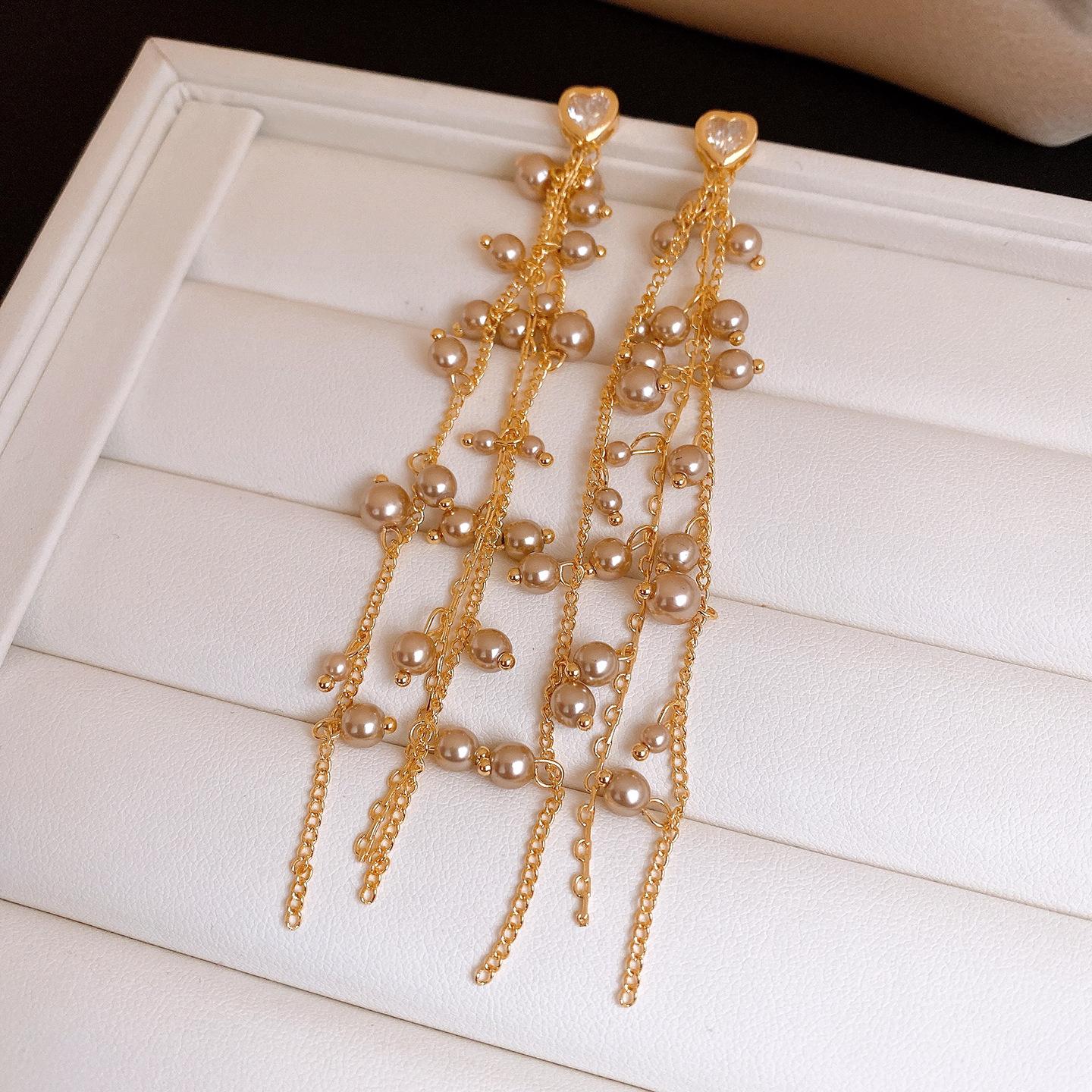18K real gold electroplated zircon pearl fringed earrings, earrings, European and American earrings, women s.