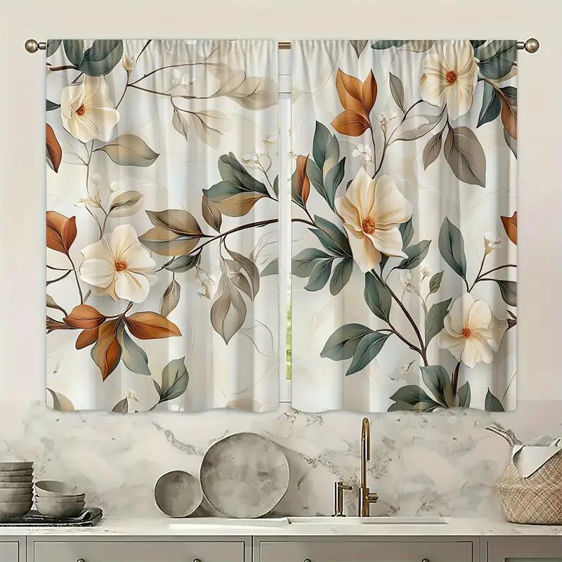 2pcs - Colorful Leaves and Flowers Printed Curtains, Suitable for Home Decoration In Bedrooms Living Rooms