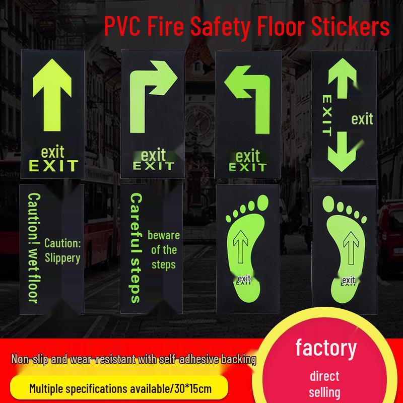 Luminous Safety Exit & Caution Sign: Floor Sticker with Arrow & Slippery Steps Indication