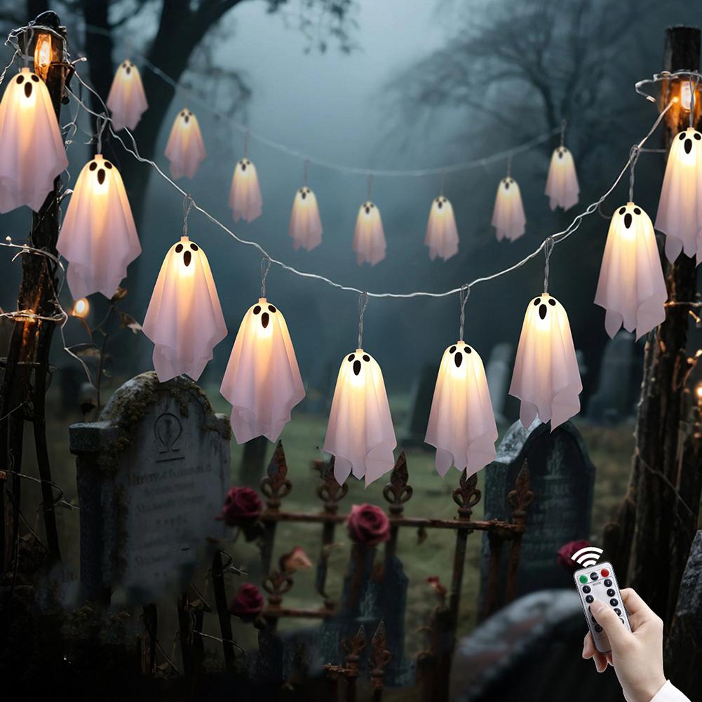 10Pcs Halloween Ghost String Lights W/ 8 Light Modes Spooky Ghosts String Lights Ghost LED Lights for Yard Patio Garden Porch