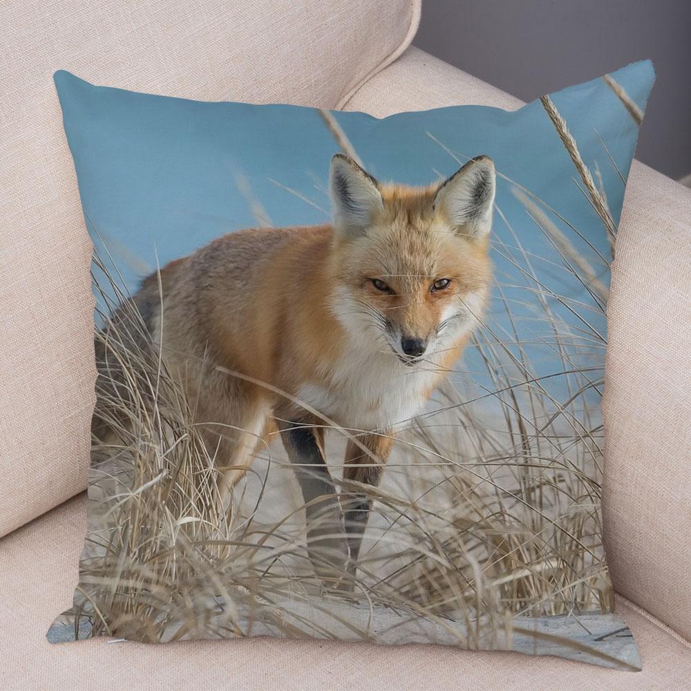 Cute Wild Fox Printed Pillow Case Decor Lovely Animal Pillowcase 45*45cm Soft Short Plush Cushion Covers for Sofa Home Car