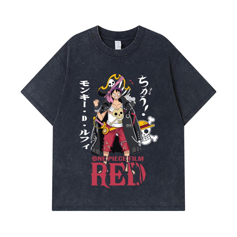 275 GSM Washed T-shirts 100% Cotton One Piece V79 Luffy Film Red Print Unisex Heavy Cotton T Shirt