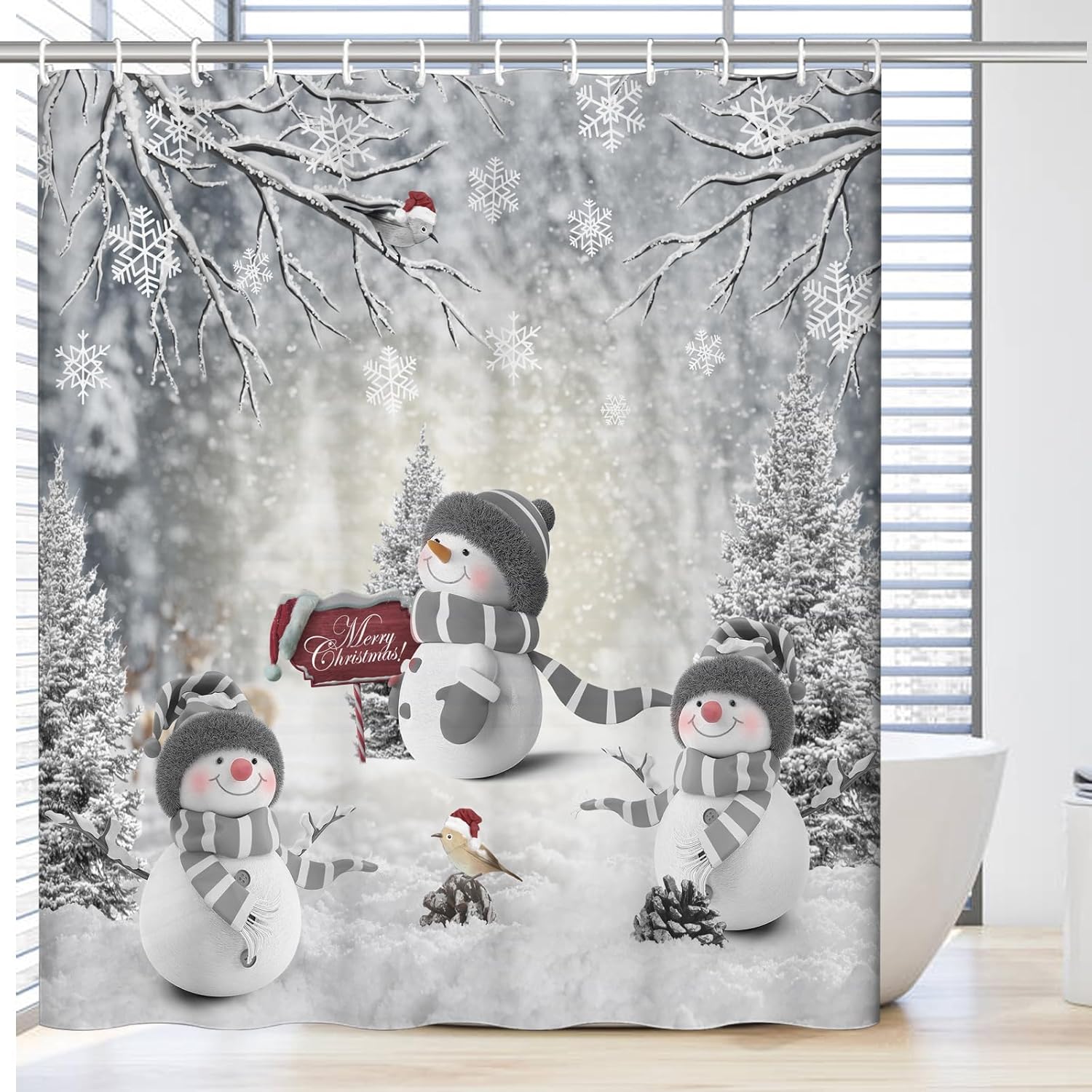 Merry Christmas Shower Curtain, New Year Winter Bathroom Curtain, Christmas Tree Shower Curtain With Red Stars Snowflake W60H190(CM)-1 Pcs