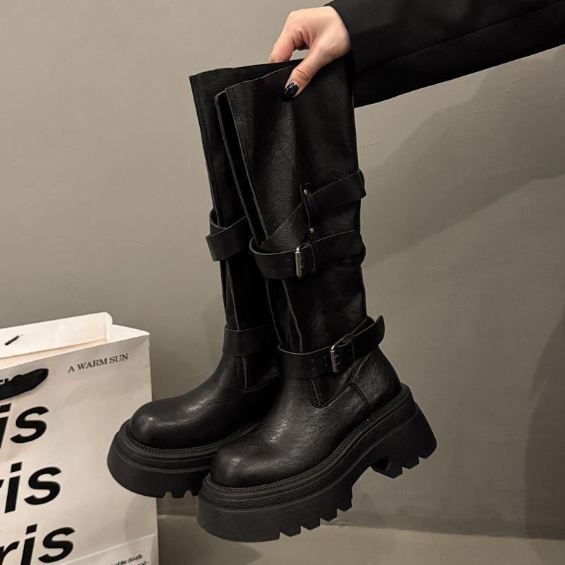 Small Over-the-Knee Height-Increasing Retro Boots with Buckle, Versatile for Autumn, In Stock
