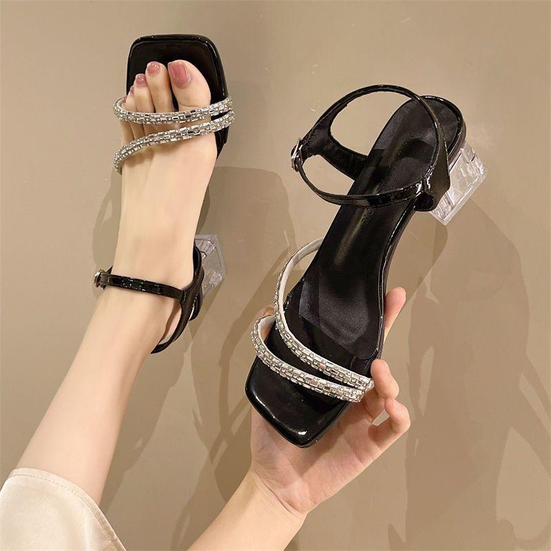 Premium sense niche word with crystal rhinestone sandals summer 2025 new transparent thick heel middle heel sandals women