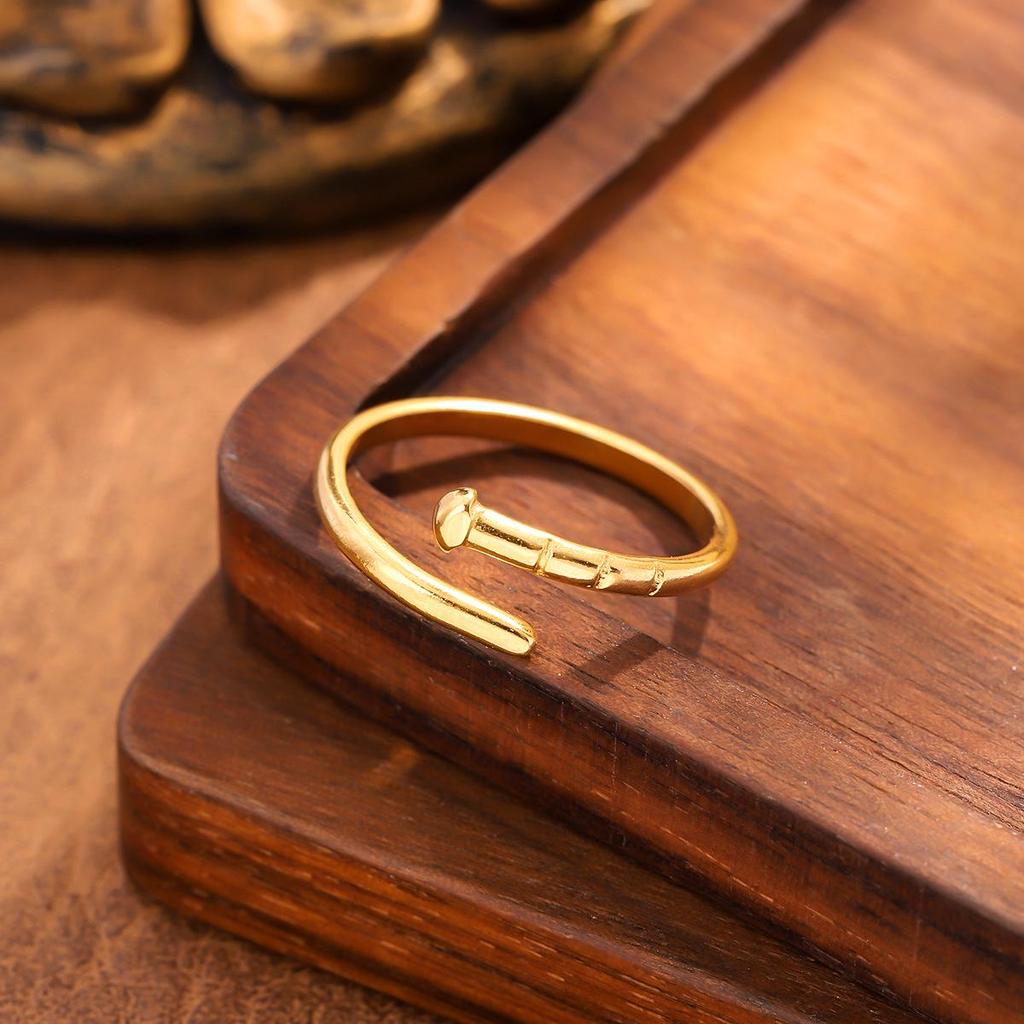 18K Gold Plated Adjustable Stainless Steel Nail Ring for Women - Simple and Fashionable