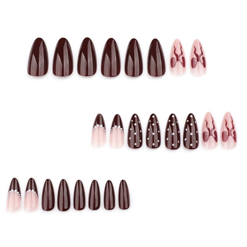 Almond Press On Nail Fake Nail Glossy Acrylic Artificial Nail Stick On Nail for Womens 24Pcs 12Sizes Glues On Nail