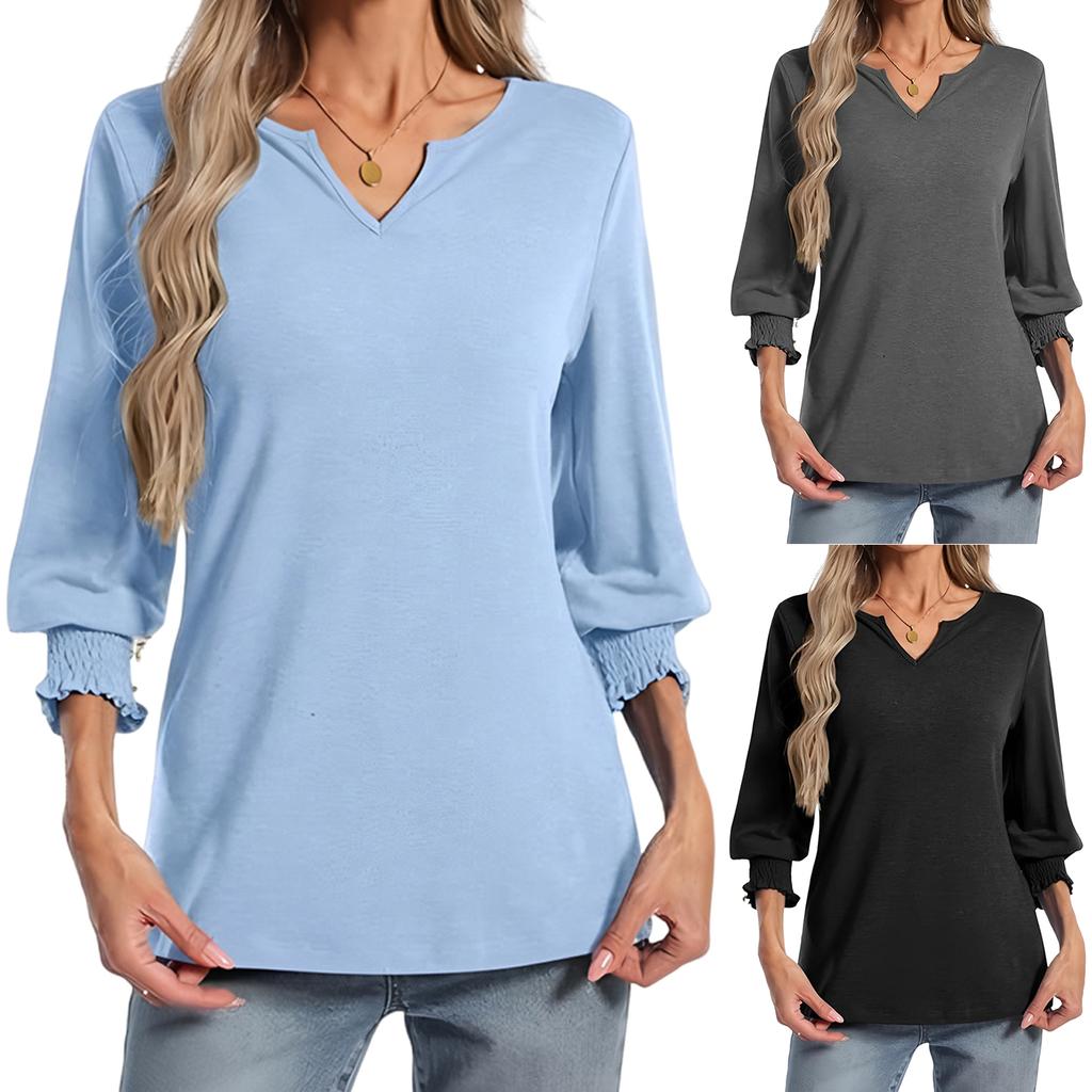 Damenmode Lässig V-Ausschnitt 7/8-Ärmel Einfarbiges Oberteil