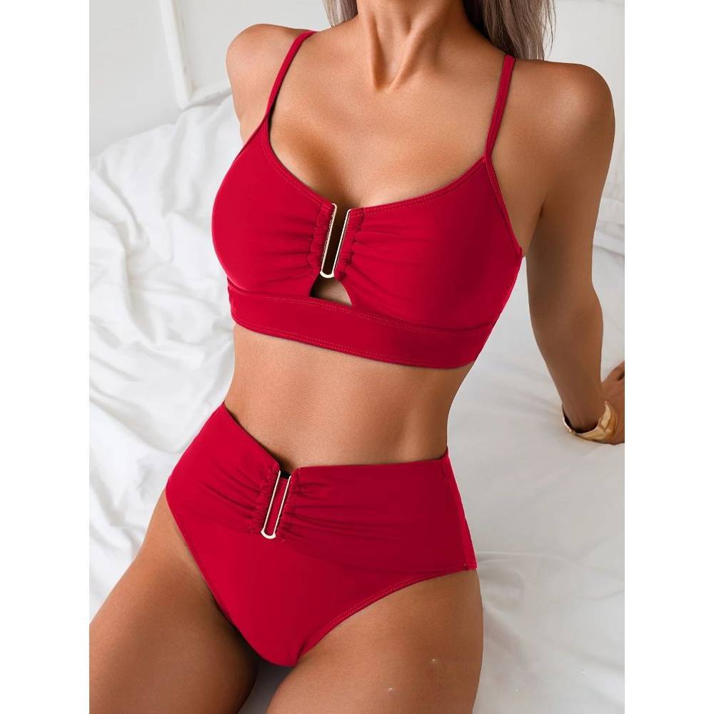 

Vzvn Sexy Solid High Waist Bikinis Set Women Split Swimsuit Beach Brazil Bikini 2026 New All Season Backless Bikinis 2 Piece Set XL червоний