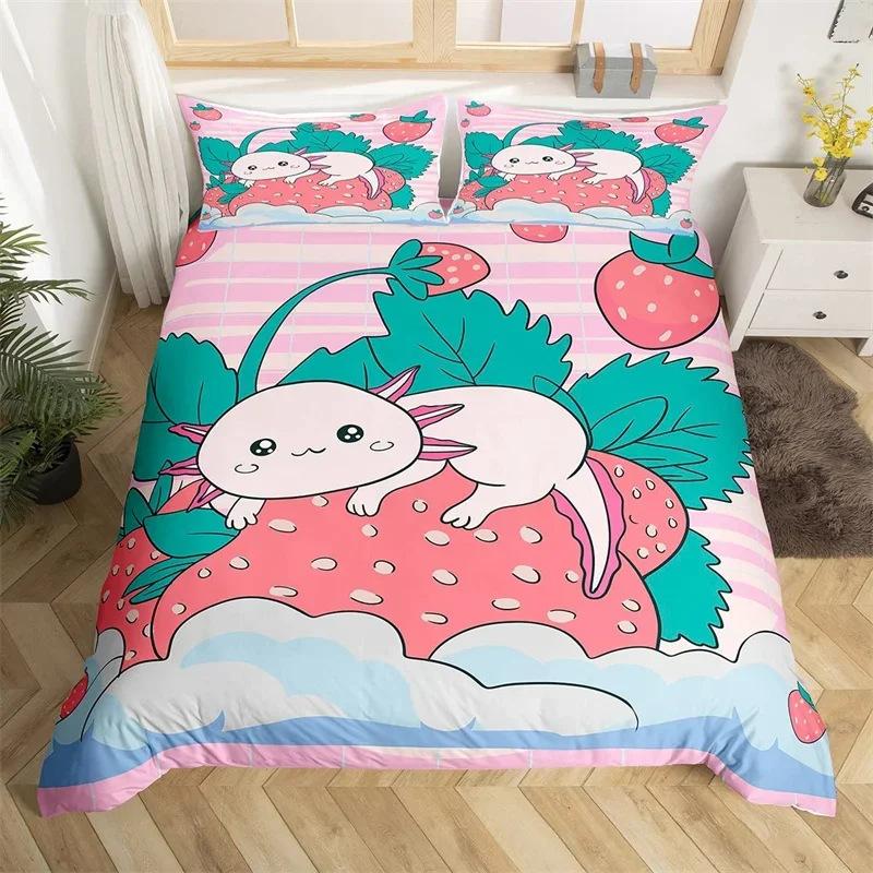 Cartoon Salamander Bedding Set, Maple Leaf Duvet Set, Microfiber Marine Life Three-Piece Set.