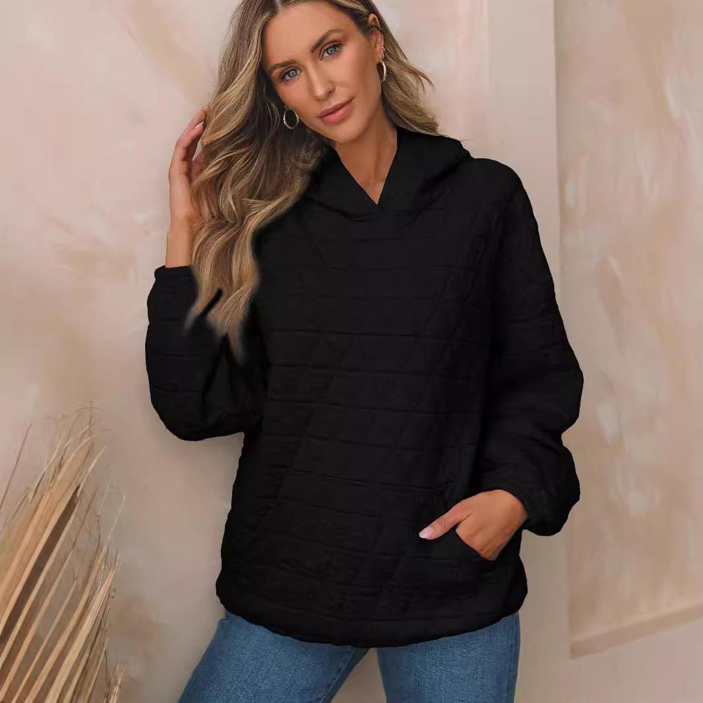 Autumn Solid Color Women's Hooded Sweatshirt Casual Wind Pocket Quilted Long Sleeve Top