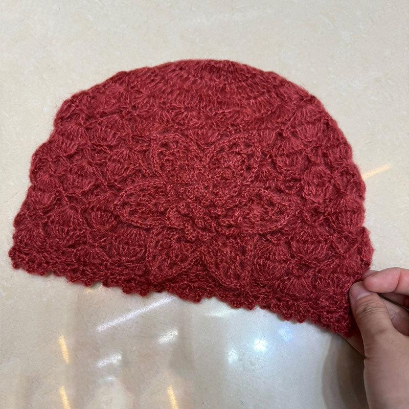 Autumn and winter double-layer handmade crochet three-dimensional flower versatile warm mohair headgear fashion woven hat women