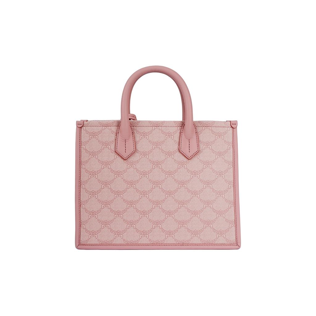 MCM Pink Lauretos Jacquard Small Tote Bag with Leather Handles & Detachable Strap for Daily & Casual Use
