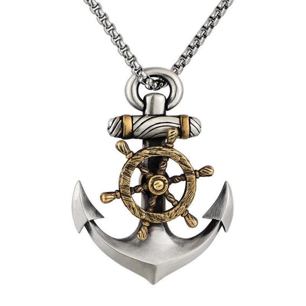 Nuova Collana da Uomo Retrò Nave Pirata Blu Ancora Ciondolo Timone Rotante Punk Moda Gioielli Accessori Regalo