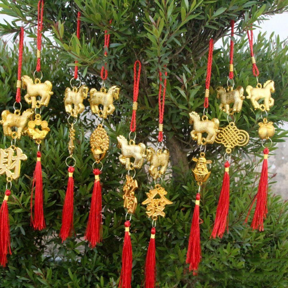 Red Gold Color Spring Festival Pendant Plastic with Tassel Zodiac Horse Pendant Traditional Good Luck Chinese New Year Gift