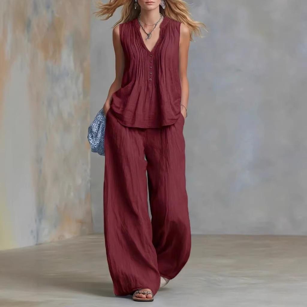 Casual Sleeveless Vneck Pants Set For Women With Polyester Splicing Style For Summer