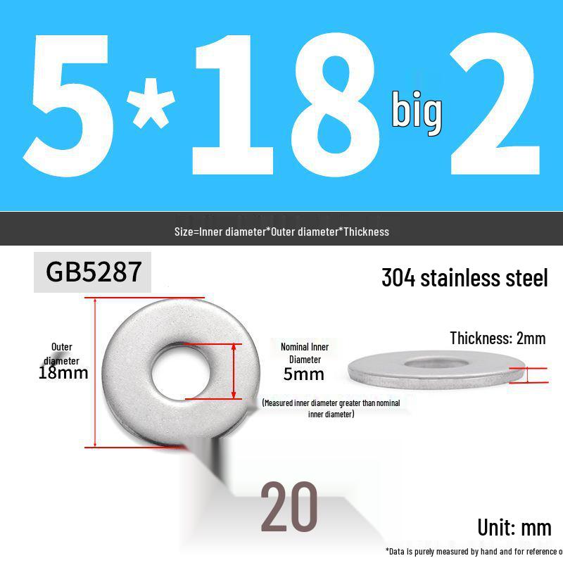 304 Stainless Steel Thickened Flat Washer Ring - Various Sizes (M1.6-M22)