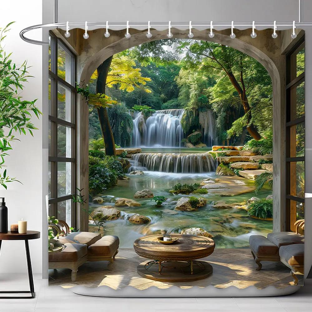 Chinese Archway Scenic Shower Curtain Landscape Waterfall Outdoor Landscape Polyester Fabric Shower Curtains Bathroom Decoration