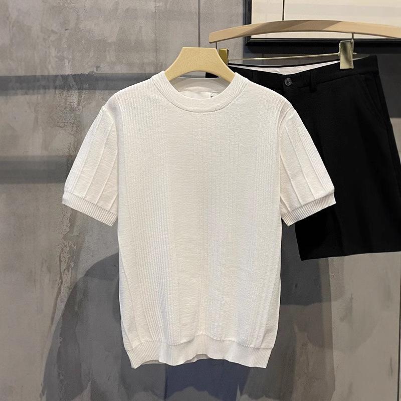 

Мужская трикотажная футболка с коротким рукавом, плотная летняя, облегающая, повседневная, полосатая футболка с трикотажным рукавом, корейский тренд, высокая эластичность L белый