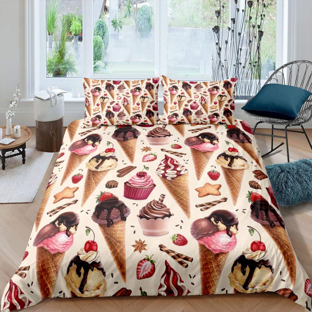 Zestaw Poszwy na Kołdrę z Lodami Kolorowy Kreskówkowy Babeczkowy Wiśniowy Cytrynowy Owocowy Zestaw Pościeli Styl Wakacyjny Letni Miękka Poszwa na Kołdrę