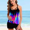 Women's Shoulder Strap Swimsuit Blue Hollowed Out Crown Print Bikini Tankini Swimsuit