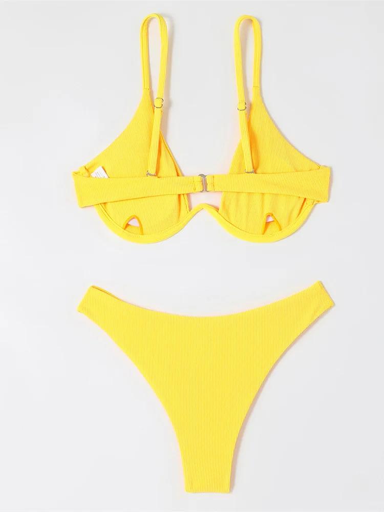 Sexy Underwire Bikini 2025 Women Black White Ribbed Push Up Micro Swimsuit Brazilian Hollow Out Bathing Suit Thong Swimwear