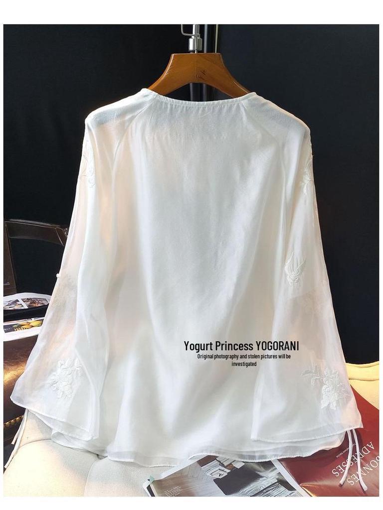 Women's White Embroidered Chinese-Style Round Neck Shirt - 2022 Autumn Casual Fashion Top