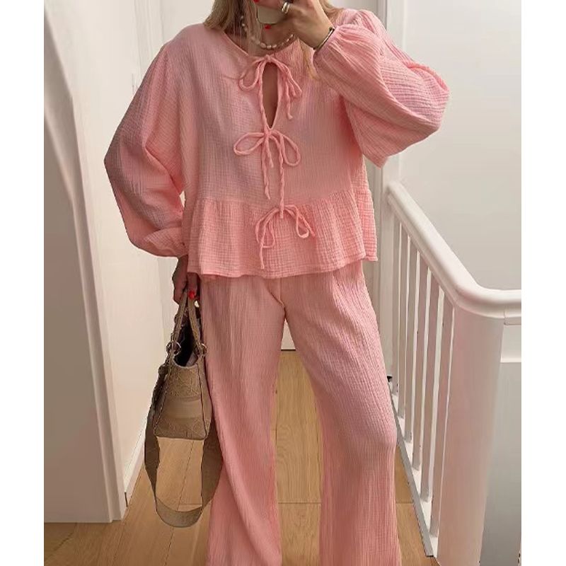 European and American New Fashion Lantern Sleeve Lace-up Top Trousers Set Lace up Top and Pants Set