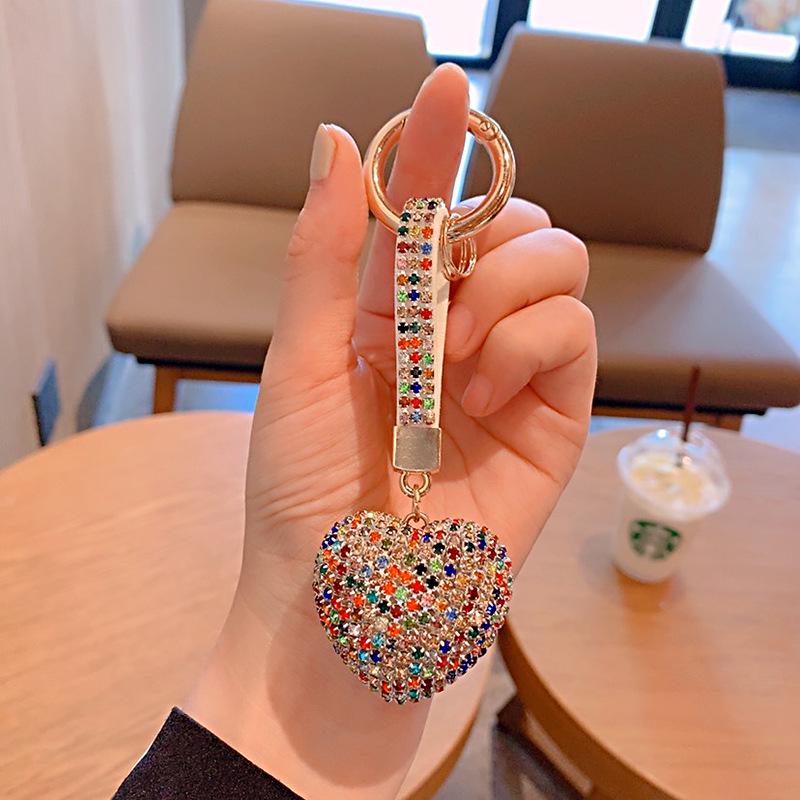 Cute Cartoon Rhinestone Heart Keychain with Claw Chain - Peach Heart Car Key Hanger