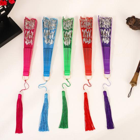 Chinese Style Flower Folding Fan with Faux Pearl Tassel Portable Plastic Ribs Hand Fan Women Dance Performance Props Party Favors