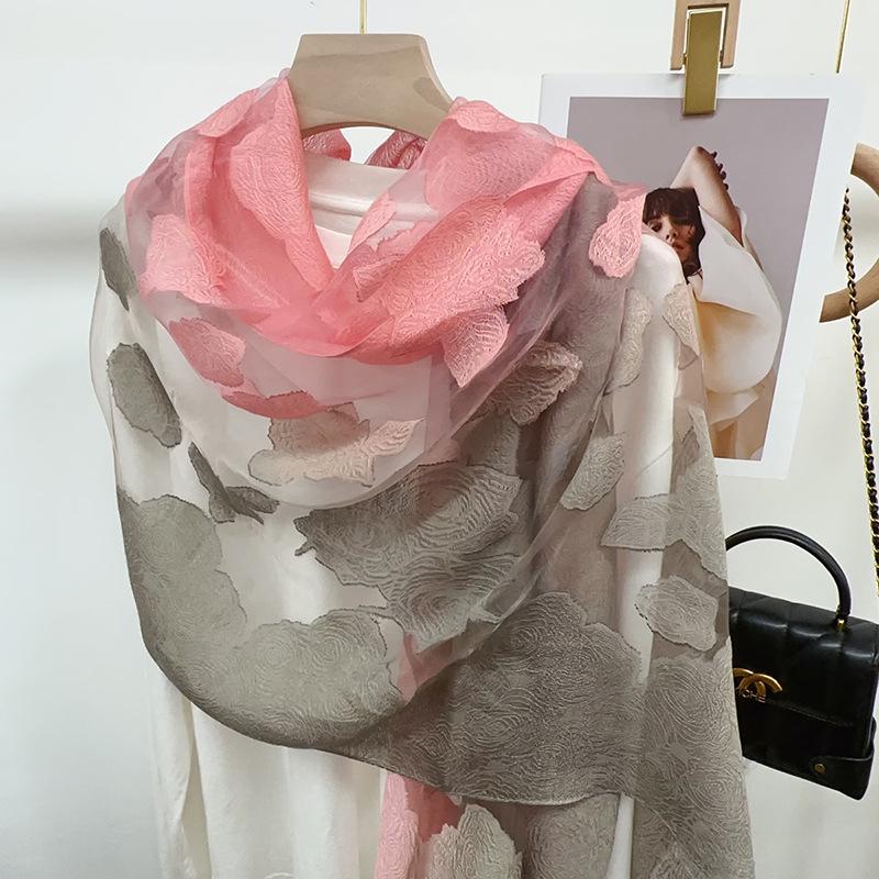 Shawl Scarf Advanced New Gradual Change Flower Long Silk Scarf Yarn Versatile Sunscreen Shawl