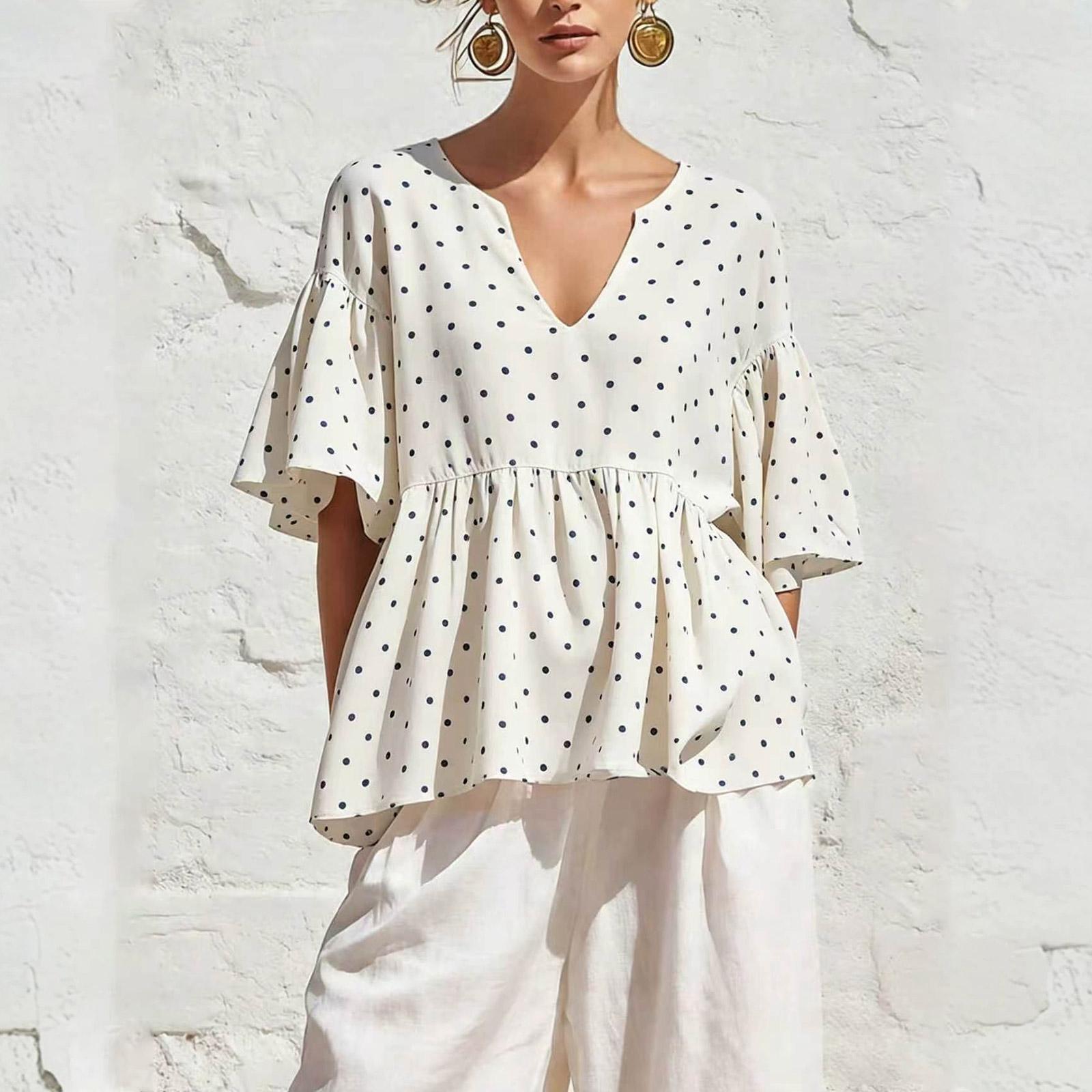 Women s Summer Polka Dot Babydoll Top V-Neck Ruffle Short Sleeves Loose Fit A-Line Blouse L
