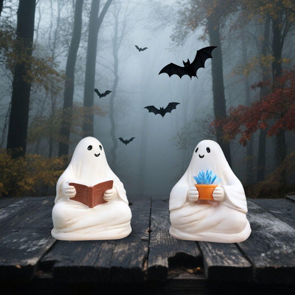2pcs Cute Halloween Ghost Ornaments Cartoon Ghost Sculpture Reading Ghost Statue  Office