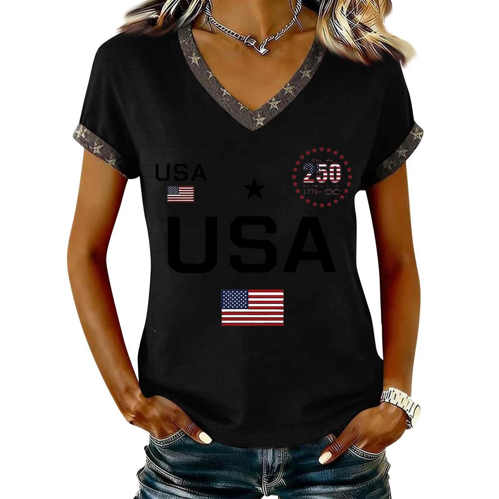 Damen Lässiger V-Ausschnitt Kurzarm Pullover Bedrucktes T-Shirt Top