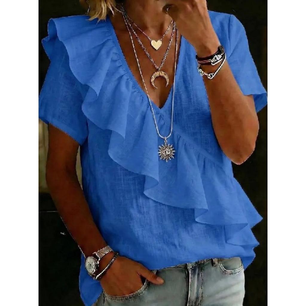 Damen Mode Kurzarm Top Einfarbige V-Ausschnitt Rüschen Europäischer Amerikanischer Stil Strandurlaub Bluse