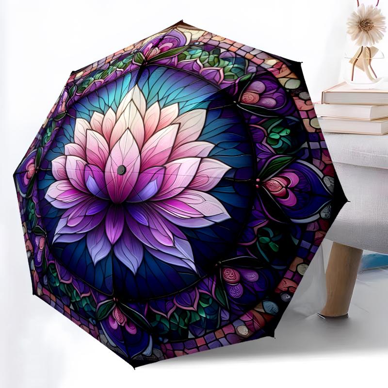 1pc Sturdy 8-Bone Auto Umbrella, lotus Umbrella, Digital Printed, Foldable Umbrella for On-the-Go Outdoor Use