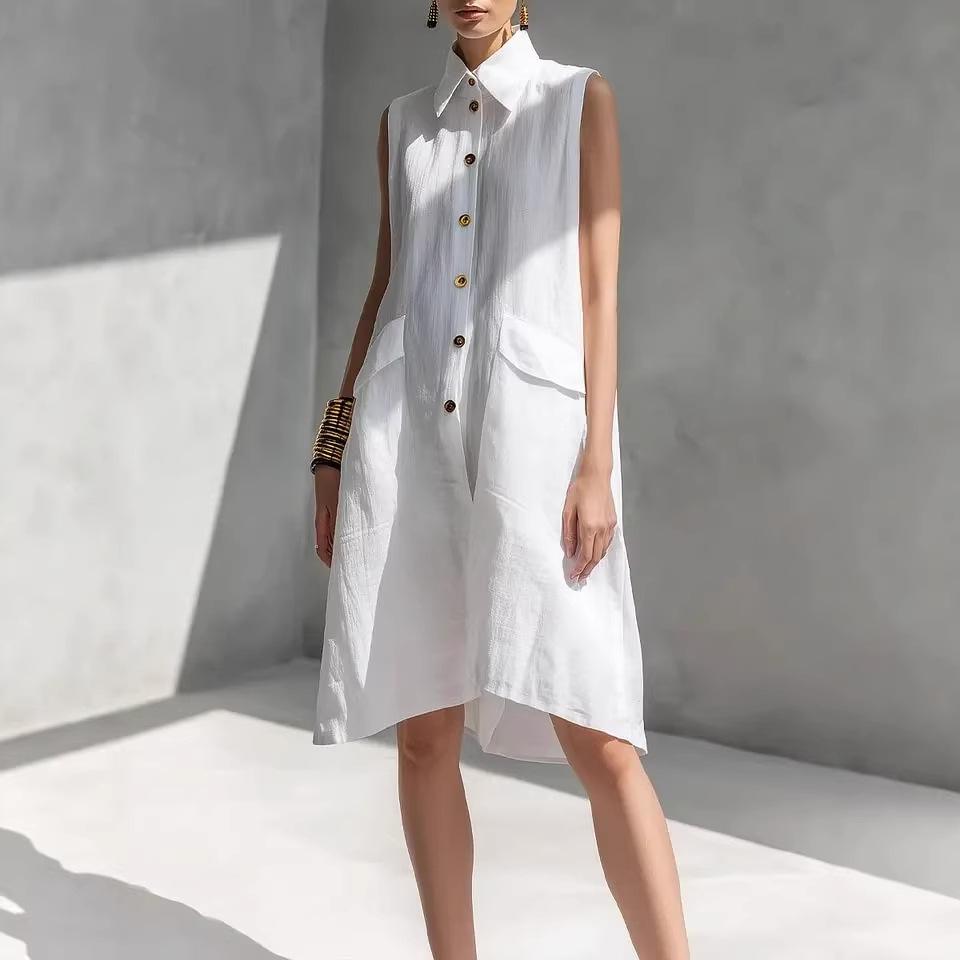 New 2026 European Summer Solid Color Sleeveless Cotton Linen Lapel Dress