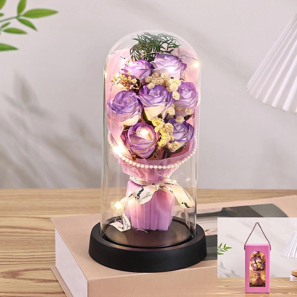 Everlasting Rose LED Glass Dome Bouquet Romantic Illuminated Ornament Perfect Valentine's Day Christmas Home Decor Romantic Gift
