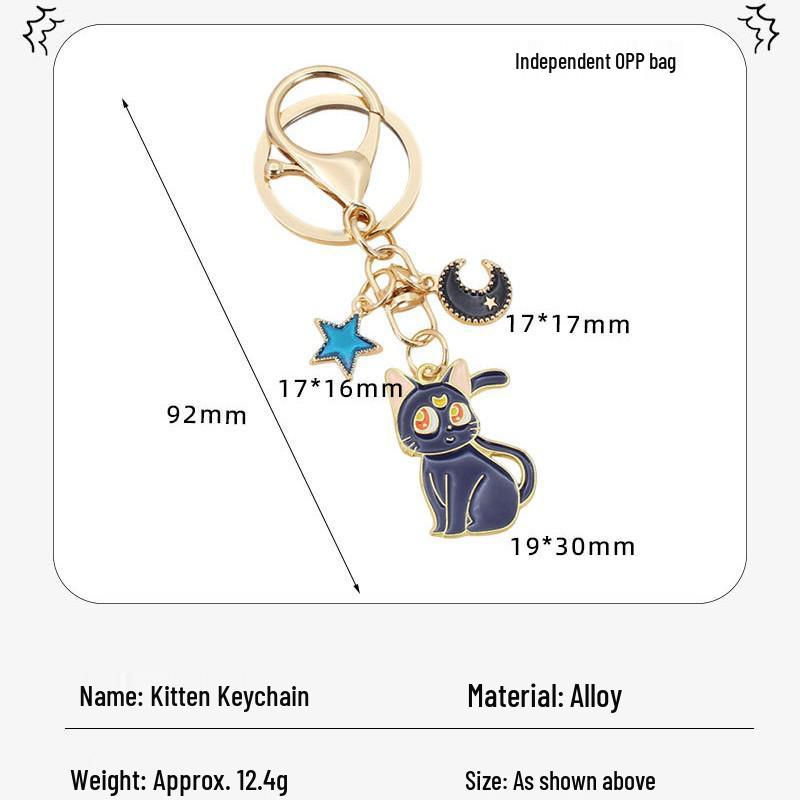 Derpy Moon Cat Keychain Pendant with Star Charm - Cute Kitten Bag Accessory