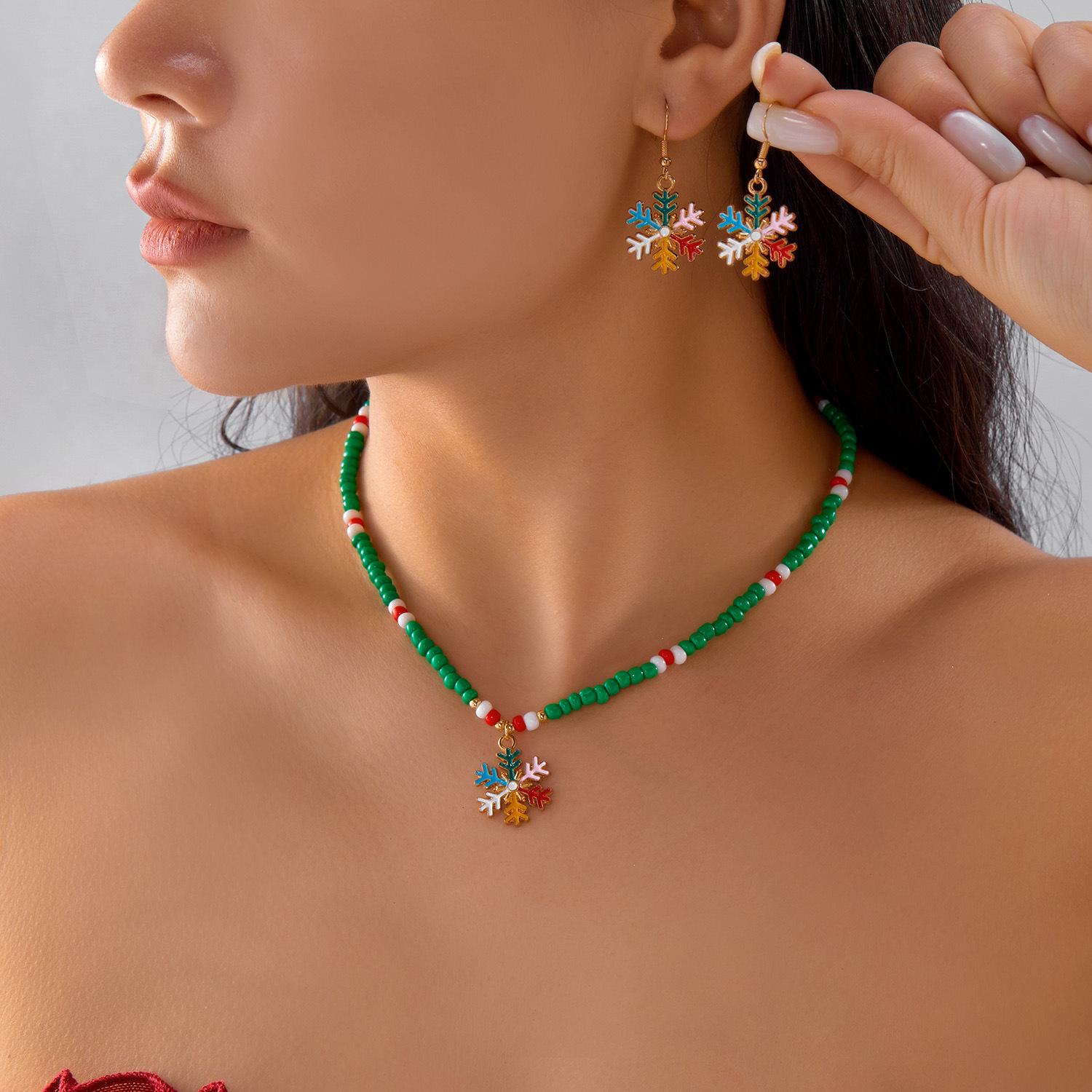 European and American Christmas Ornaments Christmas Snowflake Christmas Tree Snowman Love Earrings Rice Bead Necklace Set