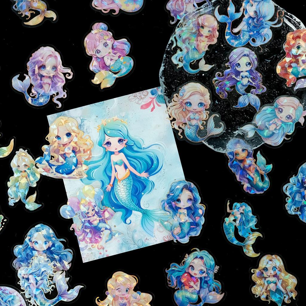 30-Pack Mermaid Decals, Cartoon Vinyl with Glitter & Holographic Effects, Self-Adhesive, Reusable, for Scrapbooking, DIY Crafts, Journaling
