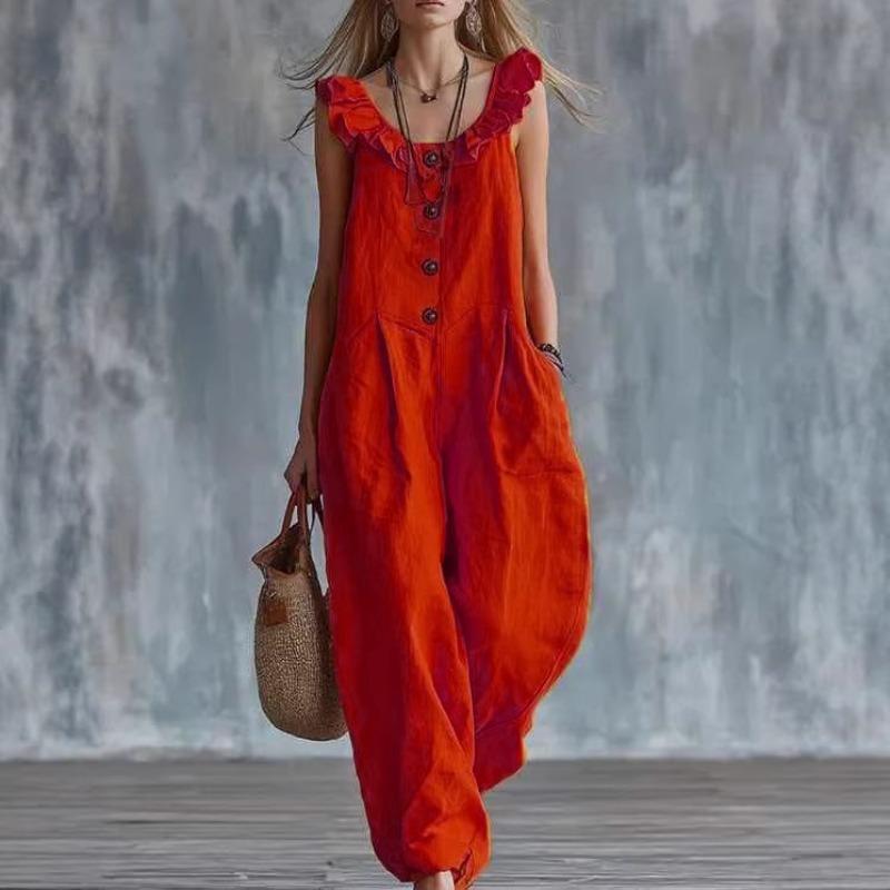 women s Bohemian Ruffle Strap Button Front Solid Color Wide Leg Loose Linen Blend Jumpsuit S