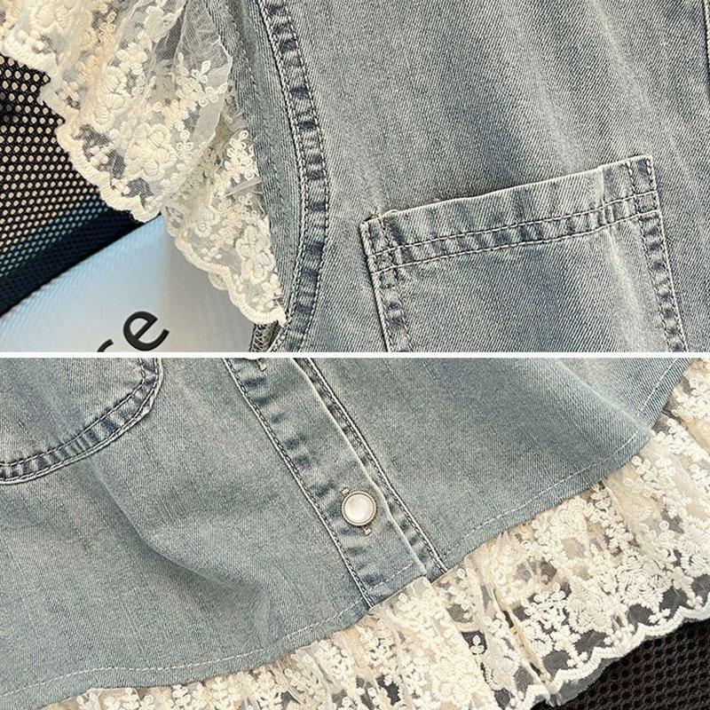 Lace Patchwork Short Denim Vest Women's 2025 Summer New Loose Flying Sleeve Vest Jacket Female