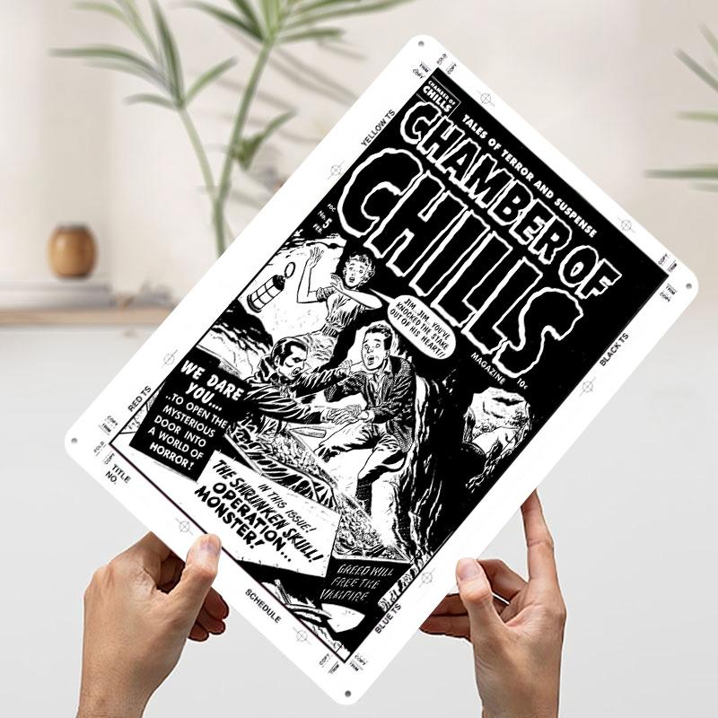 CHAMBER OF CHILLS 5 Poster Customized Wall Art Vintage Metal Signs Retro Tin Plaque for Man Cave Gaming Room Decoration Cozy 7.9x11.8In(20x30cm)