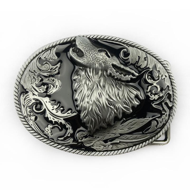 Moonlit Wolf Retro Black Glaze Leather Belt Buckle - American West Cowboy Hip Hop Style
